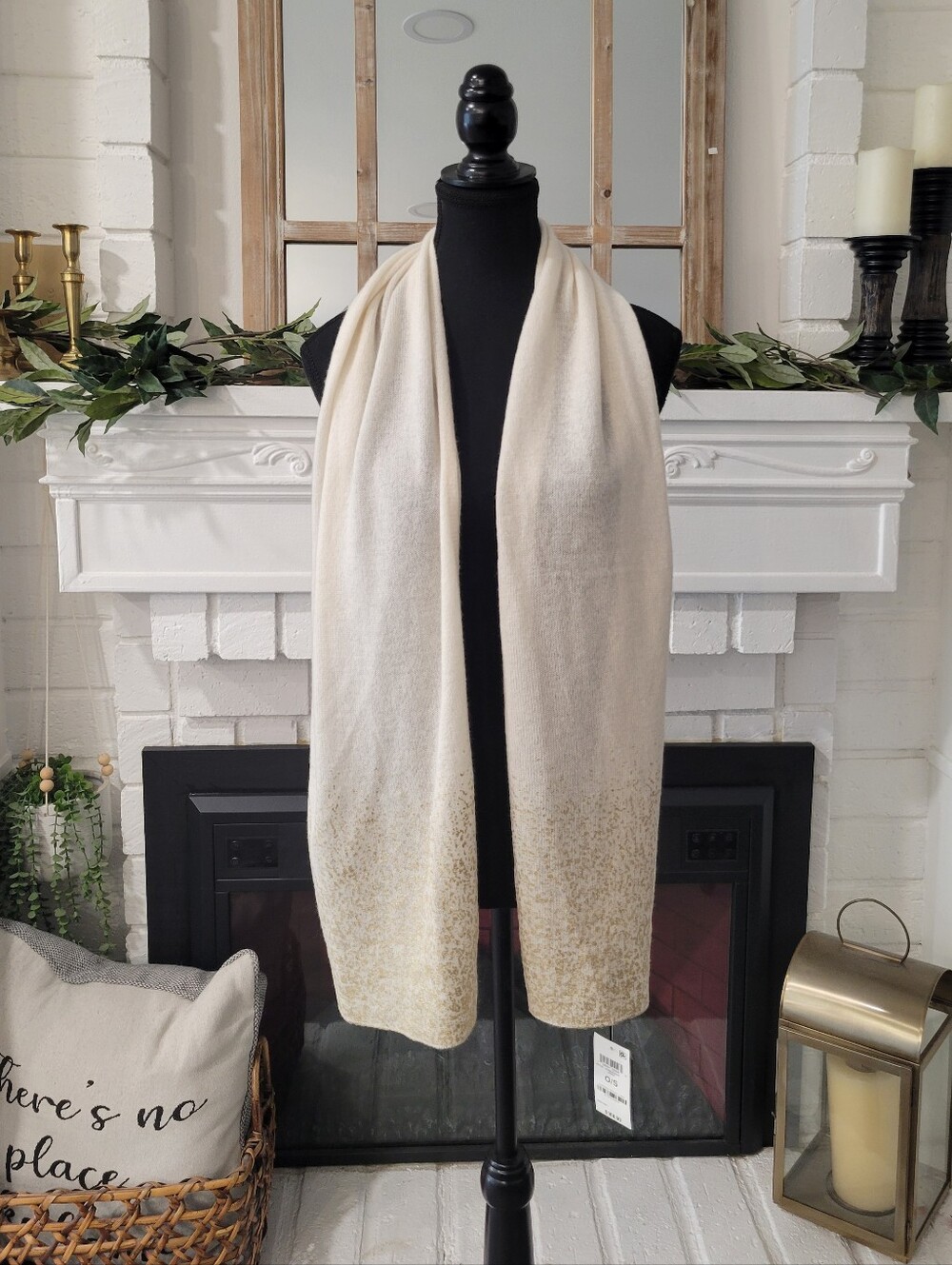Charter Club Cream and Gold Timeless Cashmere Scarf Nwt With Flaw